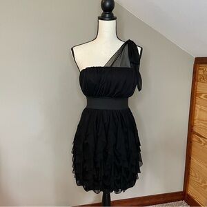 Roberta Black Strapless Ruffle Mini Dress With One Shoulder Sheer Overlay Medium